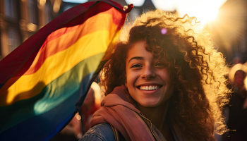 Vrouw met regenboog vlag in de achtergrond